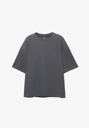 Šedé voľné tričko, krátke rukávy, okrúhly výstrih, zmes bavlny, hladká textúra, minimalistický dizajn bez vzorov alebo akcentov.