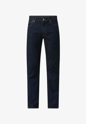 Mørkeblå denimjeans med lige pasform. Har oransje syninger, fem-lommes design og knaplukning i taljen.