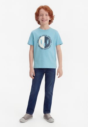 Χαμογελαστός κοκκινομάλλης αγόρι που φοράει ανοιχτό μπλε μπλουζάκι με το κείμενο «Ακολούθησε τα όνειρά σου, ποτέ μην τα παρατάς», σκούρο τζιν και γκρι αθλητικά παπούτσια, στέκεται όρθιος.