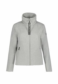 Gray zip-up jacket with high collar, textured fabric, and a front zipper. Features two side pockets and a logo label on the zipper pull.