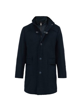 Ciemnoniebieski wełniany płaszcz z kołnierzem stójkowym, z przodu zapinany na guziki i posiadający dwie kieszenie z przodu. Posiada zamek błyskawiczny oraz podszewkę dla ciepła.