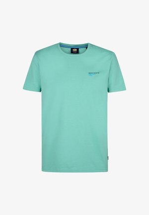 Licht teal kortom mouwt-shirt van katoen. Heeft een ronde hals en een klein bedrukt logo op de linkerkant van de borst.
