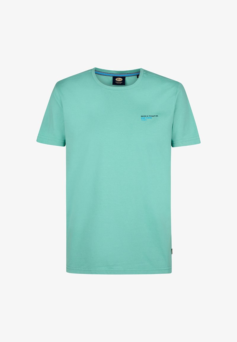Svetle modrozelené tričko s krátkým rukávem vyrobené z bavlny. Má kulatý výstřih a malé tištěné logo na levém prsou.