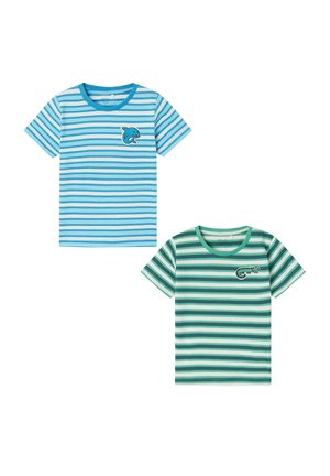 Two short-sleeve t-shirts are displayed. One is light blue with white stripes and a shark applique; the other is green with dark green stripes and a crocodile applique.