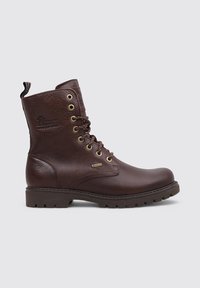 Botas de tobillo de piel marrón con un acabado texturizado, punta redonda y ojales de metal. Cuentan con cordones y una suela de goma resistente.