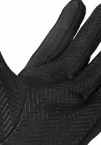 Schwarze Handschuhe aus strukturiertem Stoff mit einem gewebten Fischgrätmuster. Zu den Merkmalen gehören verstärkte Fingerspitzen und eine glatte Handfläche.