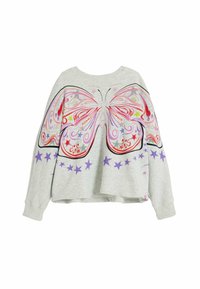 Felpa grigia con una grafica di farfalla in rosa, rosso e viola, con spirali e stelle. Vestibilità ampia con scollatura tonda e cuciture delle spalle scese.