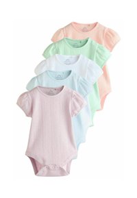 Fem kortärmade babybodys i pastellfärger: rosa, mintgrön, vit, ljusblå och persika, med ett strukturerat mönster och knäppningar.