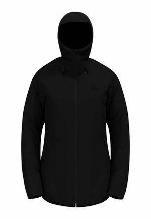 Schwarze isolierte Jacke mit Reißverschluss, verstellbarem Kapuzenkragen und zwei Seitentaschen. Verfügt über ein elegantes Design und eine glatte Textur.
