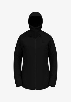 Schwarze isolierte Jacke mit Reißverschluss, verstellbarem Kapuzenkragen und zwei Seitentaschen. Verfügt über ein elegantes Design und eine glatte Textur.