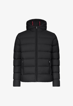Chaqueta de plumas negra con cierre delantero, capucha y patrón acolchado horizontal. Incluye dos bolsillos laterales para almacenamiento.