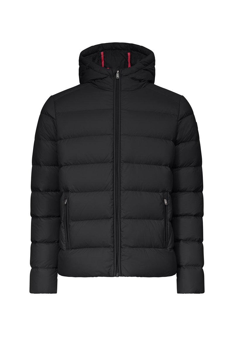 Chaqueta de plumas negra con cierre delantero, capucha y patrón acolchado horizontal. Incluye dos bolsillos laterales para almacenamiento.