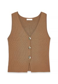 Brun ribbet strik tanktop med dyb V-udskæring, der har fire dekorative knapper i sølvtonet ned ad fronten og en lige kant.
