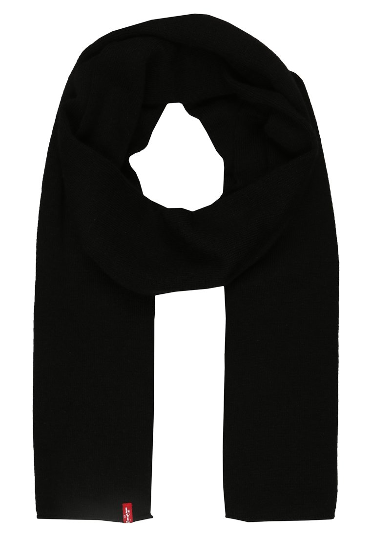Sciarpa nera lavorata a maglia di forma cilindrica, con una consistenza morbida e un piccolo etichetta rossa. Nessun motivo visibile o accessori.