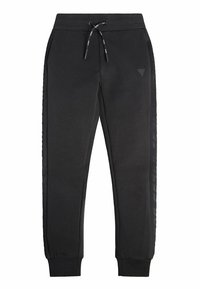 Svarta sweatpants i mjukt tyg; har resårmidja med dragsko, ribbade muddarna och sidopaneler med logotypaccent.