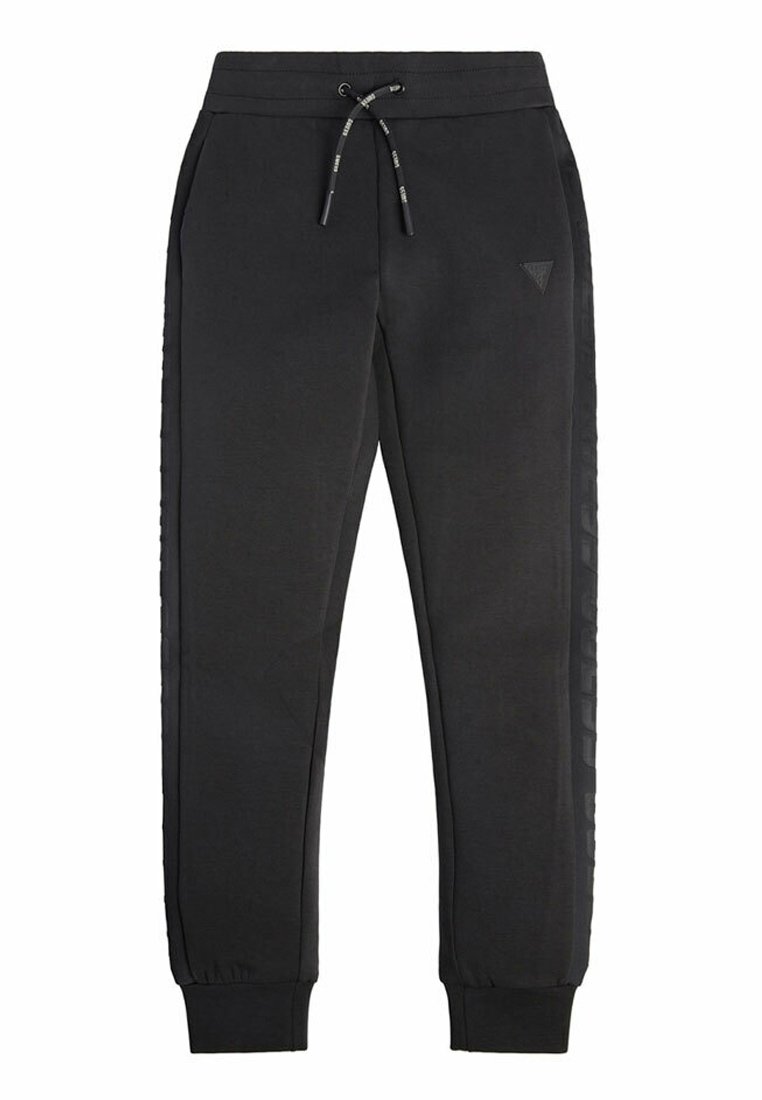 Svarta sweatpants i mjukt tyg; har resårmidja med dragsko, ribbade muddarna och sidopaneler med logotypaccent.