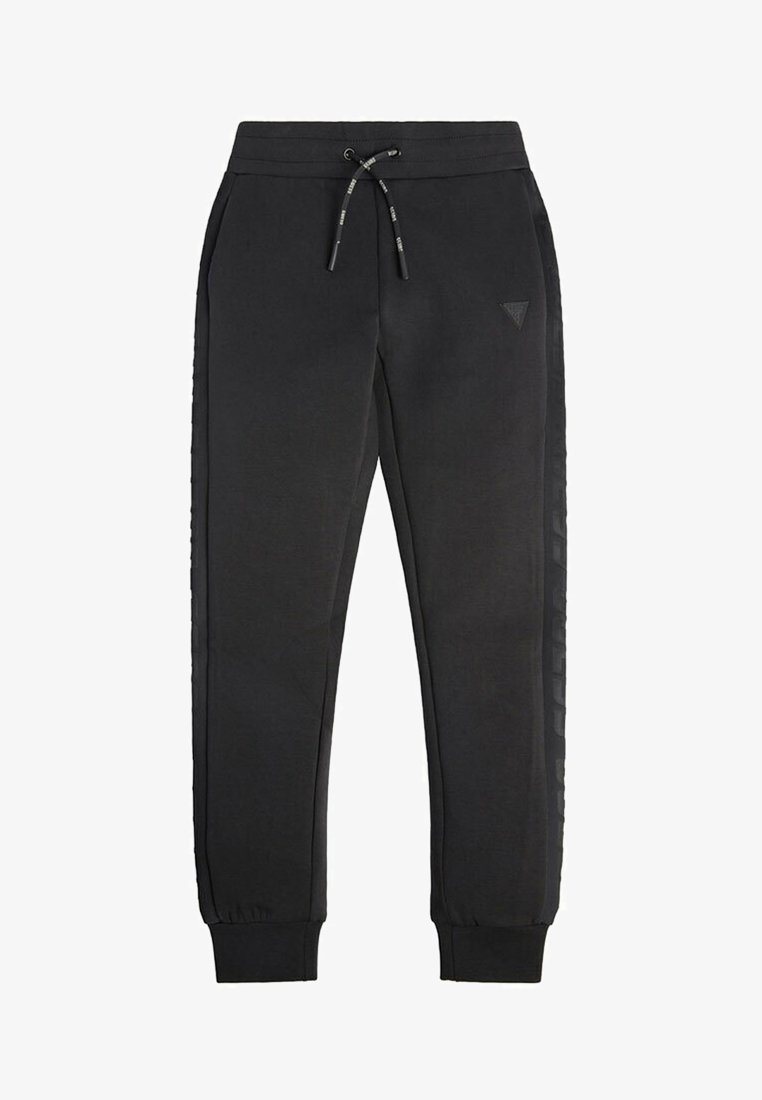 Zwarte sweatpants van zacht materiaal; voorzien van een elastische tailleband met trekkoord, geribde manchetten en zijpanelen met accenten en logo.