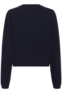 Meresinine lühike kampsun, millel on pikad varrukad ja sile kudumispind. Lihtne disain ilma täiendavate mustrite või kinnitusteta.