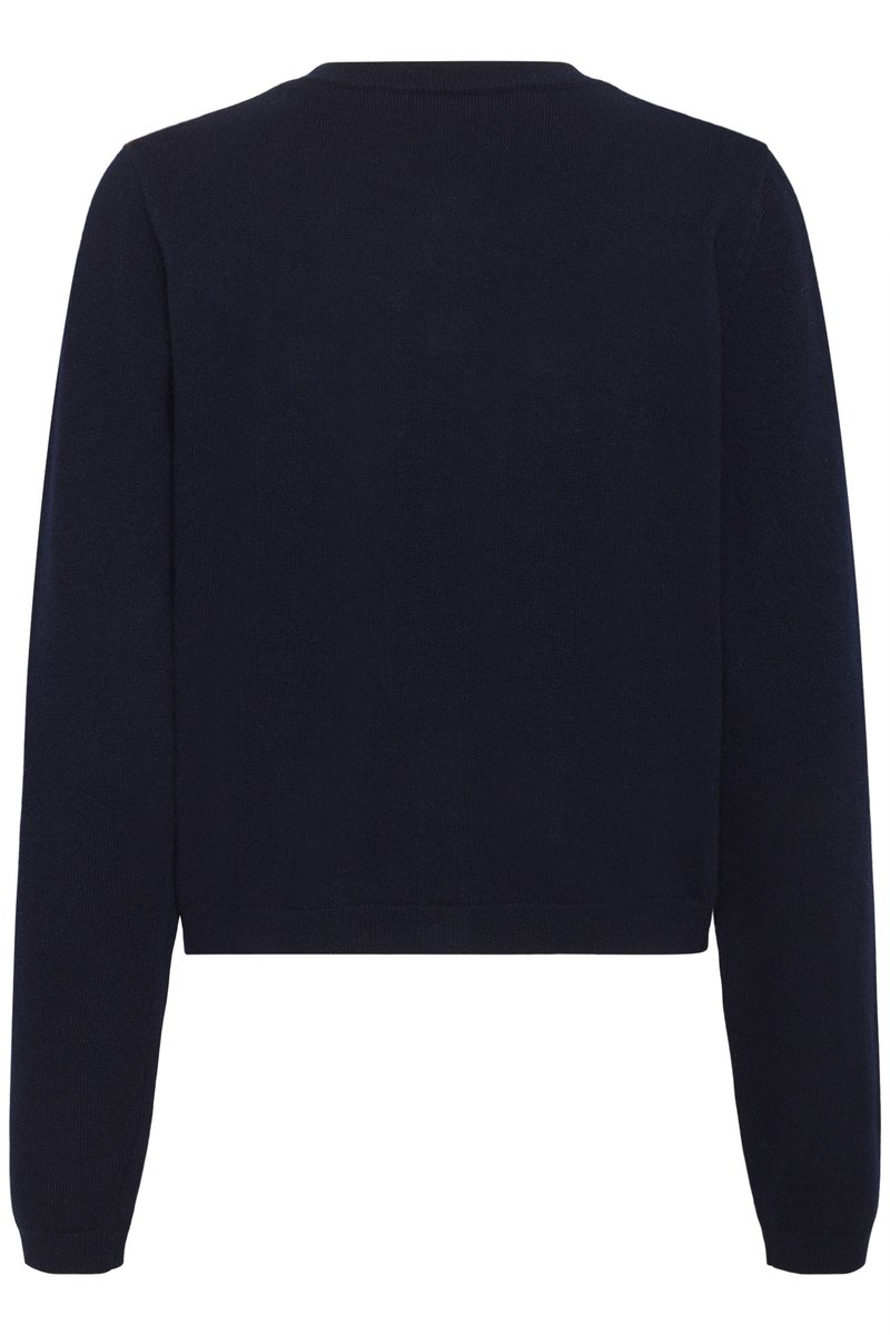 Pull court bleu marine avec manches longues et texture en maille lisse. Design simple sans motifs supplémentaires ni accessoires.