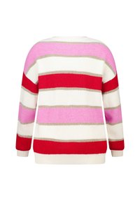 Gebreide trui in rood, roze en witte strepen met gouden accenten. Heeft lange mouwen, een ronde hals en een ontspannen pasvorm.