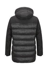 Schwarze Steppjacke mit Kapuze, mit gesteppten Abschnitten im unteren Bereich und einem strukturierten Stoff am oberen Teil.