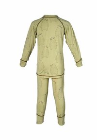 Olivgrünes Schlafanzug-Set mit langen Ärmeln und Hose, versehen mit einem wiederholten Bärenmuster, aus weichem Stoff mit eng anliegenden Bündchen.