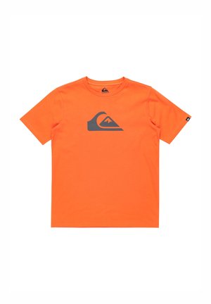 Orange cotton t-shirt with a crew neck, featuring a grey wave logo centered on the chest. Short sleeves and standard cut.