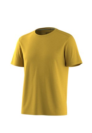 Effen mosterdgele korte mouw T-shirt met ronde hals en zichtbare stiksels, weergegeven op een witte achtergrond.