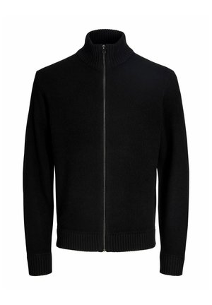 Maglione nero con zip e colletto alto, con texture a coste sui polsini e sull'orlo, realizzato in tessuto morbido per garantire calore.