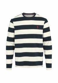 Langarmshirt met ronde hals, brede marineblauwe en witte horizontale strepen en een kleine rode geborduurde logo op de linkerborst.