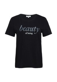 T-shirt en coton noir à manches courtes, col rond, avec un texte scintillant "beauty of being" en argent et blanc. Texture lisse.