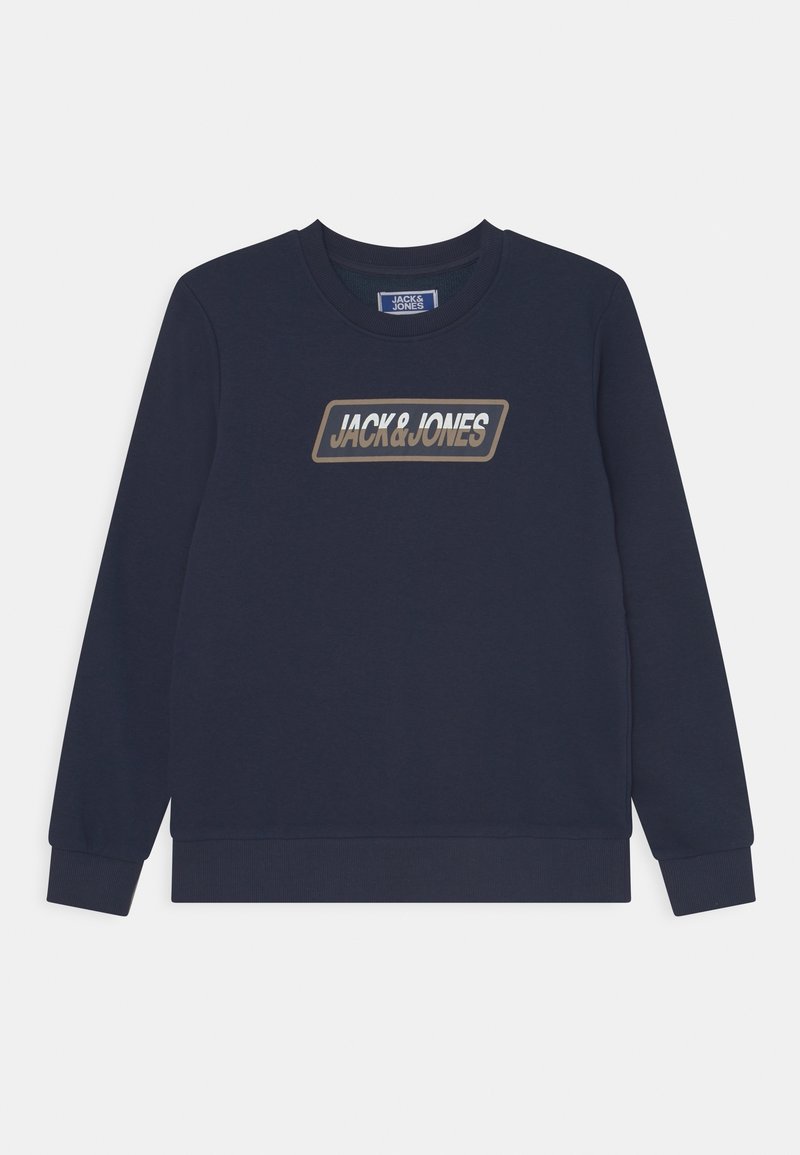 Sweat-shirt à manches longues bleu marine en coton, avec un logo rectangulaire "JACK & JONES" en nuance argentée sur le devant.