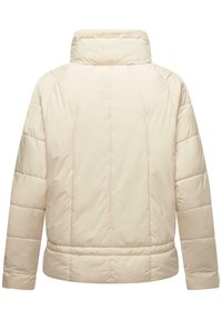 Padded jacket in light beige, featuring a high collar, stitched panels, and a fitted waist. Smooth texture with no visible closures.
