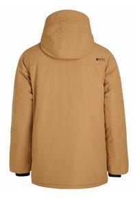 Braune isolierte Jacke mit Kapuze, mit einer glatten Textur, elastischen Bündchen und einem Logo auf dem oberen Rücken. Entworfen für Wärme und Komfort.