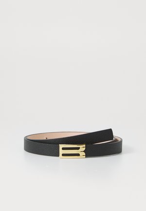 Black leather belt with a textured finish, featuring a gold metal buckle with a rectangular design and a smooth inner lining.