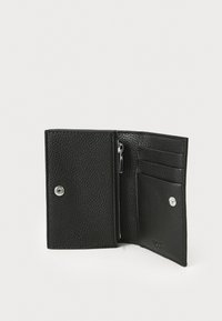 Black leather wallet with a textured finish. Features a snap closure, a zippered compartment, and multiple card slots on one side.