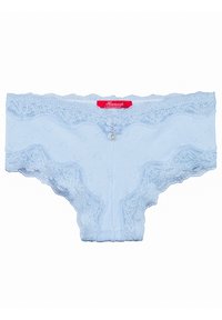 Helles Blaues Spitzenunterwäsche mit gewelltem Rand, versehen mit einem Vorderknopfdetail und einem strukturierten Stoff mit kleinen Herzmustern.