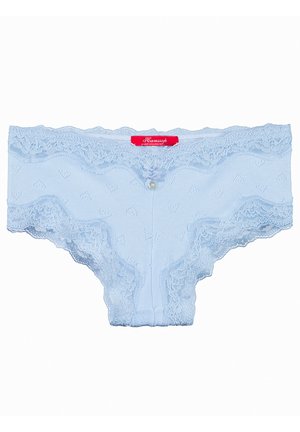 Helles Blaues Spitzenunterwäsche mit gewelltem Rand, versehen mit einem Vorderknopfdetail und einem strukturierten Stoff mit kleinen Herzmustern.