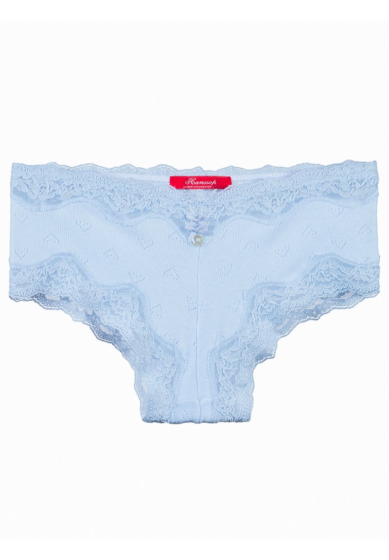 Helles Blaues Spitzenunterwäsche mit gewelltem Rand, versehen mit einem Vorderknopfdetail und einem strukturierten Stoff mit kleinen Herzmustern.