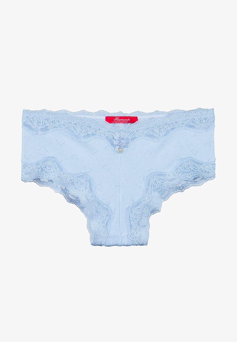 Helles Blaues Spitzenunterwäsche mit gewelltem Rand, versehen mit einem Vorderknopfdetail und einem strukturierten Stoff mit kleinen Herzmustern.