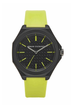 Orologio nero Armani Exchange con cinturino in silicone verde lime, quadrante nero, indicatori delle ore gialli e lancette delle ore, minuti e secondi in argento.