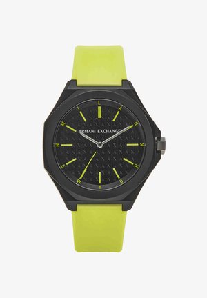 Sort Armani Exchange ur med limegrøn silikonerem, sort urskive, gule timeindikatorer og sølv time-, minut- og sekundviser.