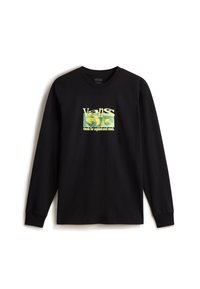 Maglietta nera a maniche lunghe in cotone, con un logo grafico verde e giallo al centro e il testo "visuals for sophisticated minds."