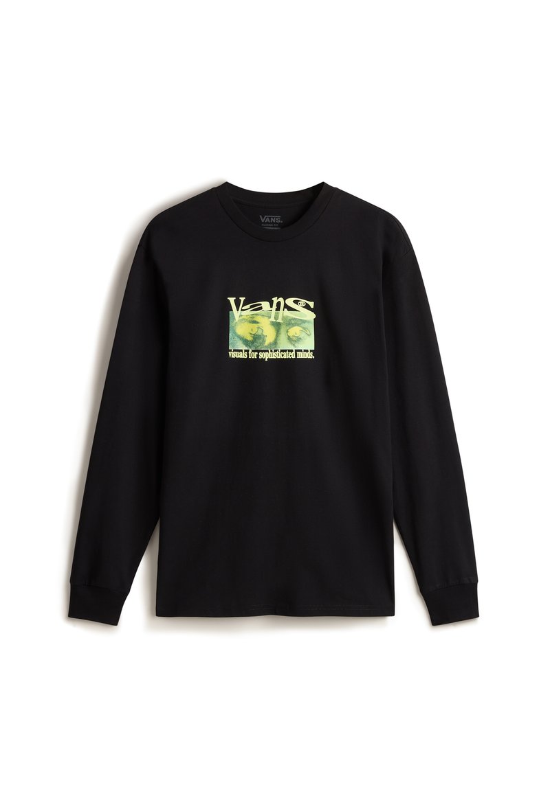 Maglietta nera a maniche lunghe in cotone, con un logo grafico verde e giallo al centro e il testo "visuals for sophisticated minds."