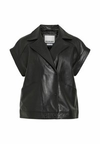 Veste en cuir noire à manches courtes avec col large et boutons-pression sur le devant, présentant des détails de coutures diagonales et une étiquette à l'intérieur du col.