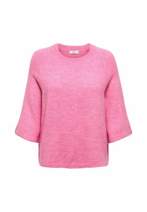 Weicher, rosafarbener Strickpullover mit weiten Ärmeln bis zum Ellbogen und rundem Ausschnitt, dargestellt auf weißem Hintergrund.