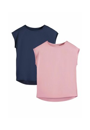 To ærmeløse bomuldsskjorter, en i marineblå og en lyserød, begge med rund halsudskæring og let afrundede kanter.