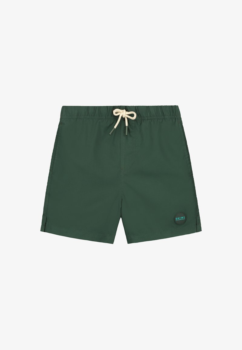 Tmavozelené plavky s elastickým pásom na šnúrku, bočnými vreckami a kruhovou nášivkou s tyrkysovým nápisom. Hladký povrch.