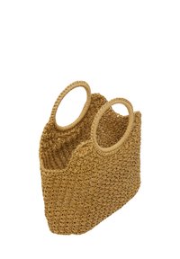 Vævet stråkurv i beige med to runde håndtag, der viser et tekstureret design og åben top, ideel til opbevaring eller dekoration.