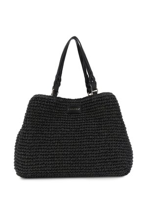 Zwarte gevlochten draagtas met twee leren handvatten en een klein rechthoekig merklabel "CAFèNOIR" aan de voorzijde in het midden.